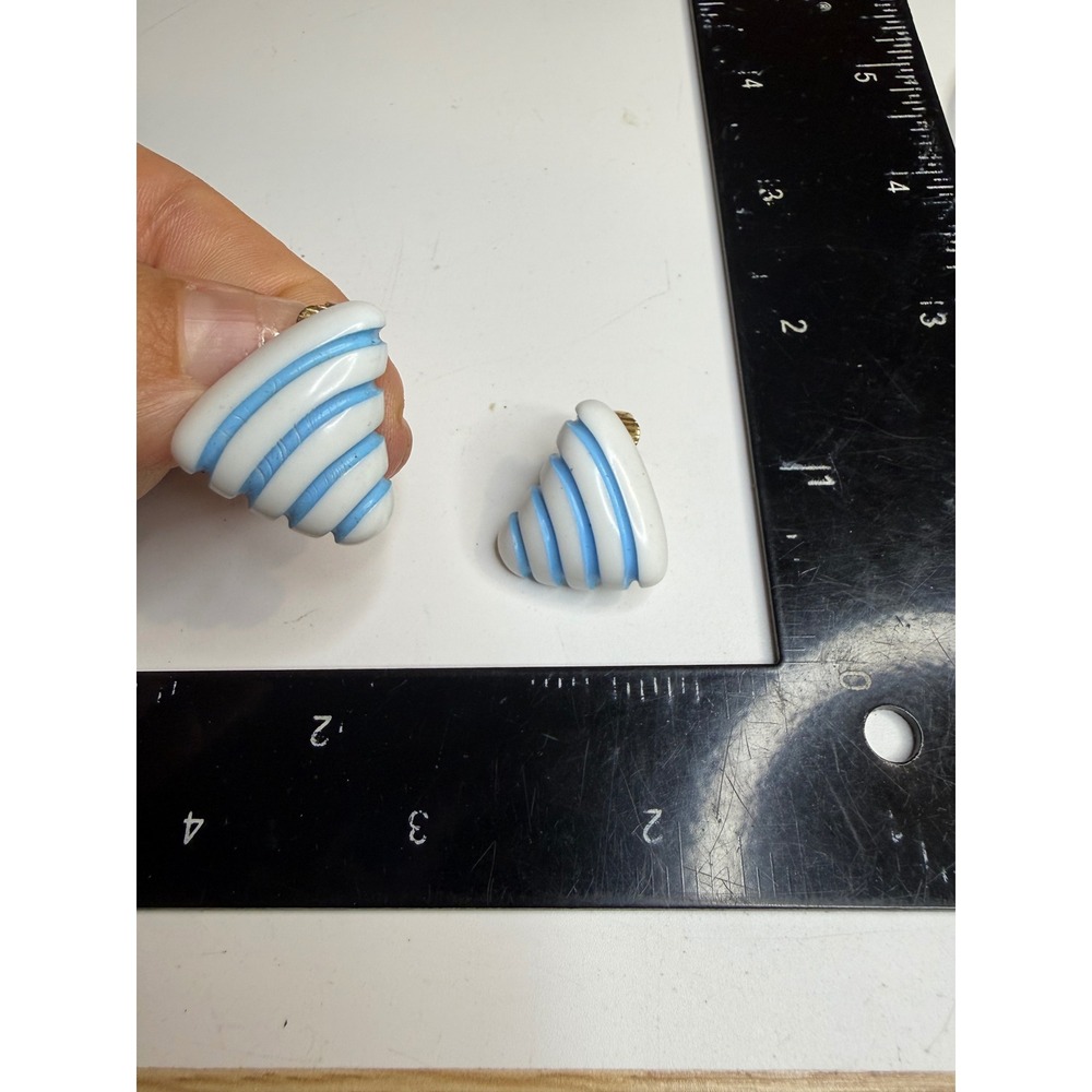 Vintage Blue White Striped Conical Clip On Earrings Retro Geometric Statement